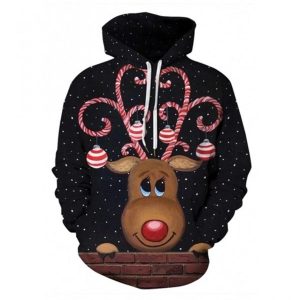 Chic Mens 3D Polka Dot Elk Pattern Pocket Drawstring Hoodie