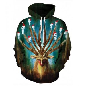 Funny Christmas Elk and Ghost 3D Pattern Long Sleeve Black and Green Drawstring Hoodie