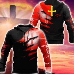 Glowing Light Cross Black And Red Color Jesus Hoodie 3D