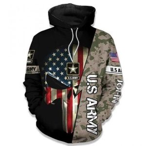 Personalized Custom Name Us Army Veteran Camo Skull Hoodie