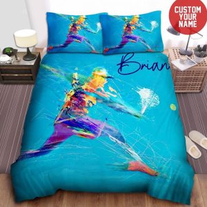 Personalized Watercolor Tennis Player Silhouette Bed Sheets Spread Comforter Duvet Cover Bedding Sets