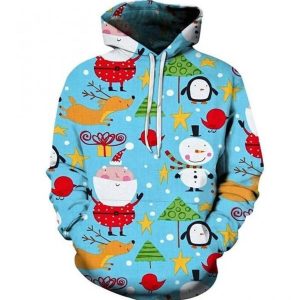 Santa And Snowman Christmas Blue Unique Design 3D Printed Sublimation Hoodie